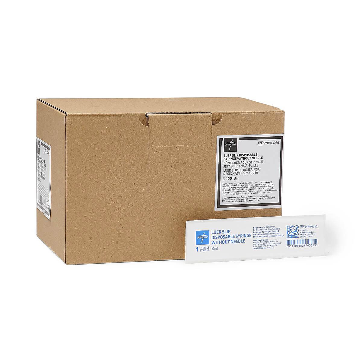 Medline 3 mL Luer-slip syringes in a 100-count box with an individual sterile package displayed