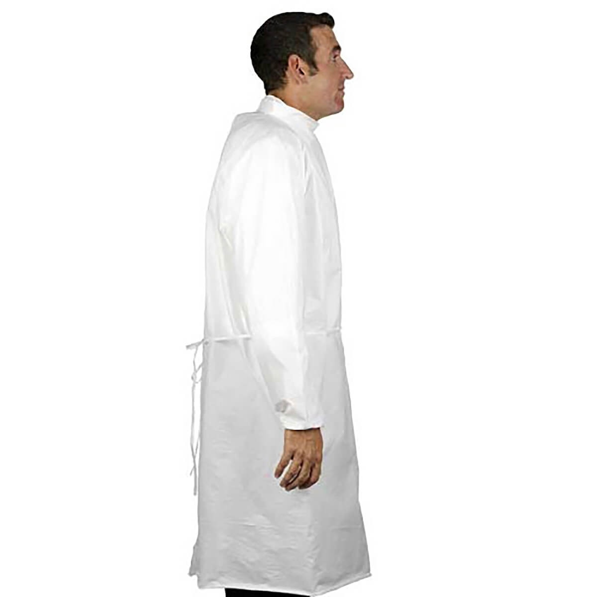 White SMS lab gown showing full-length coverage with long sleeves