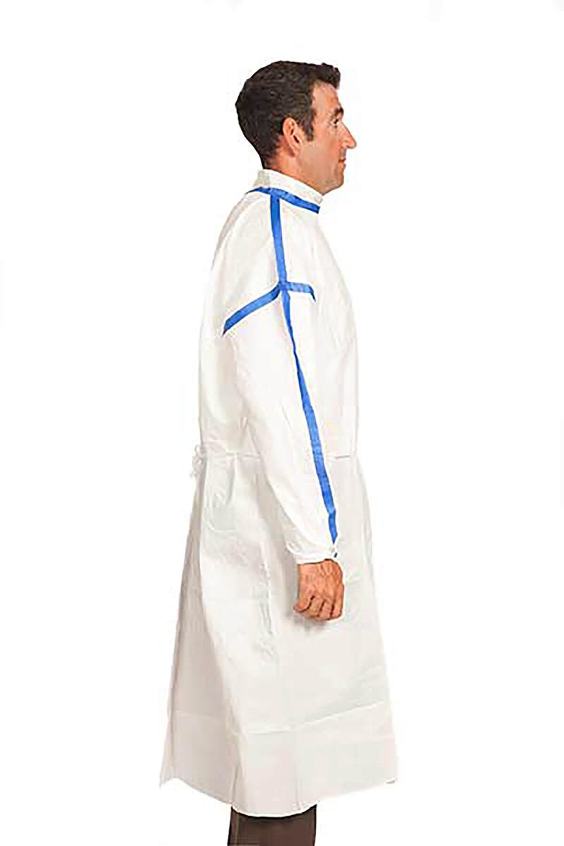 Side profile view of a white chemo-rated poly lab gown worn by a model, featuring blue taped seams along the shoulder and sleeve.