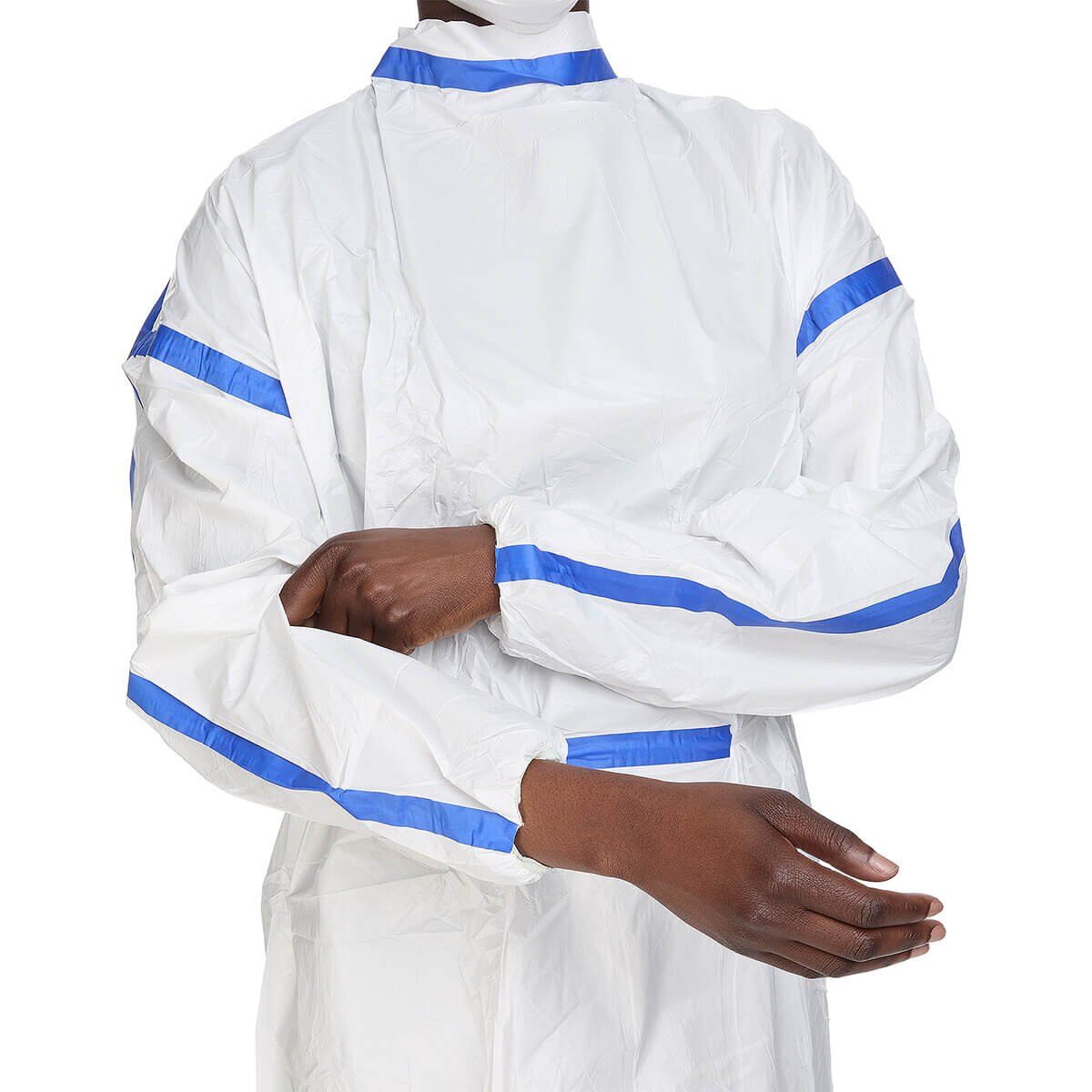 Rear angled view of the chemo-rated poly lab gown showing full back coverage and blue taped seam detailing across shoulders and arms.