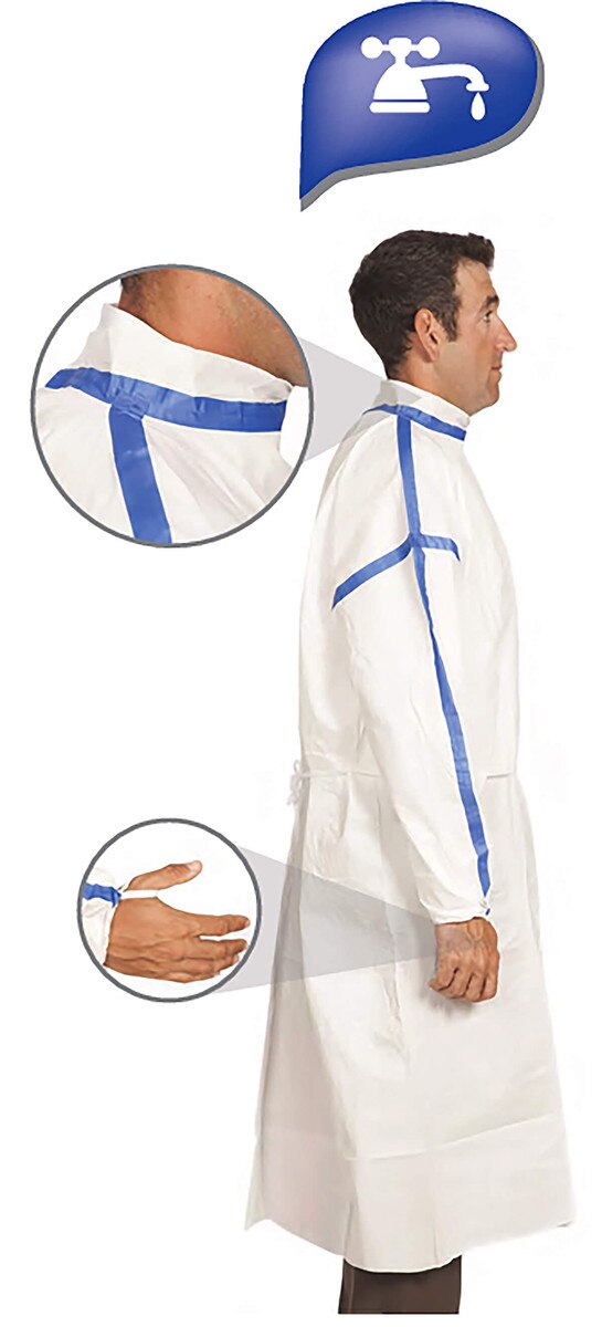 Close-up of the lab gown sleeve and cuff area highlighting blue taped seams and elastic wrist closure for secure fit.