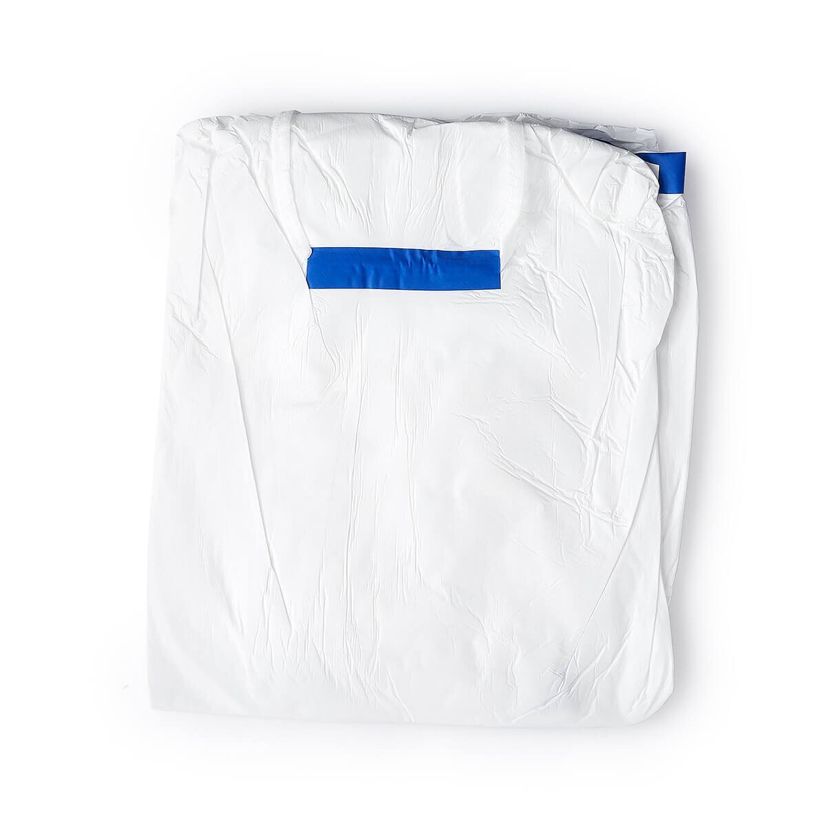 Folded chemo-rated poly lab gown shown laid flat, displaying compact packaging form and blue seam tape visible.