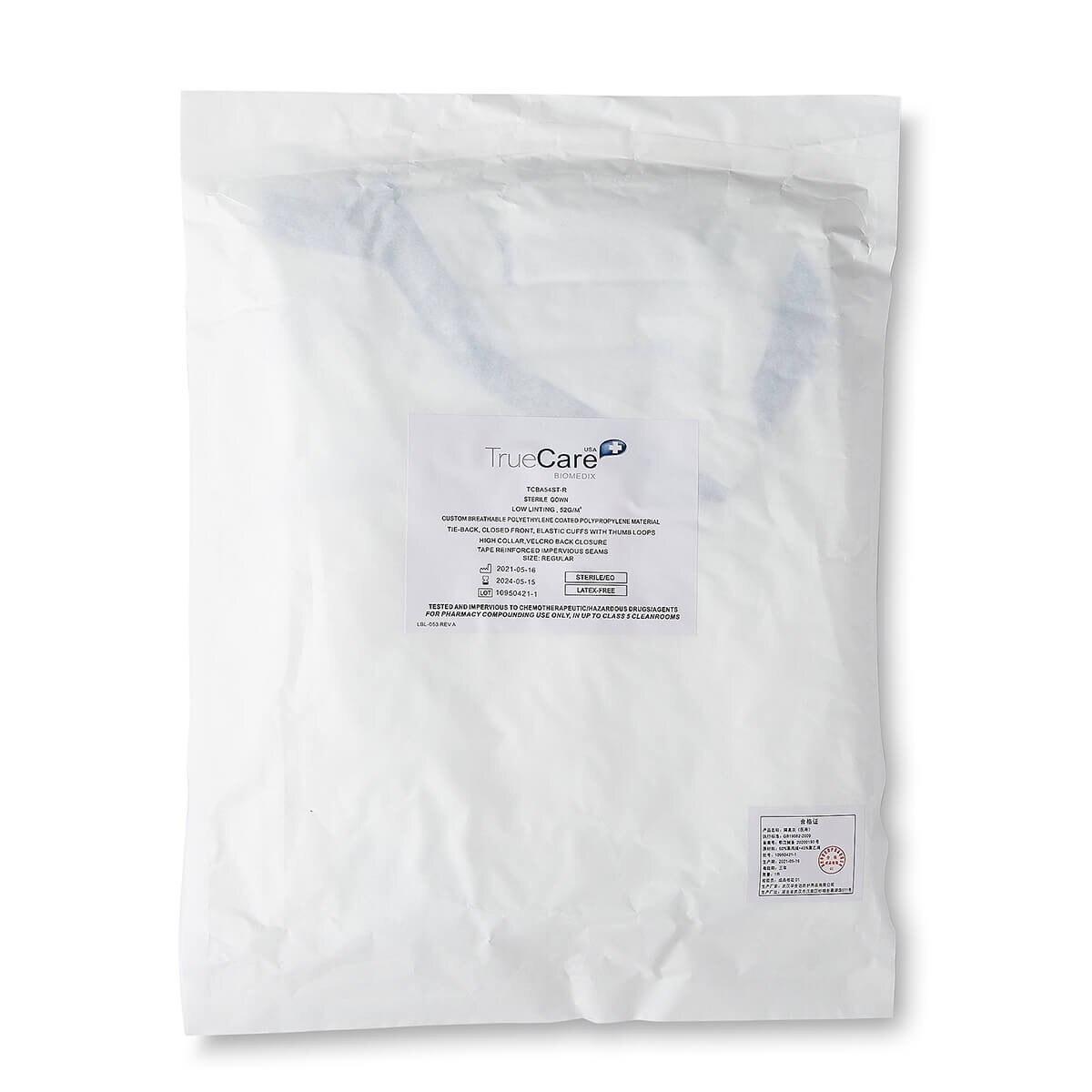Sealed sterile packaging of the chemo-rated poly lab gown with product label visible, indicating 52 GSM weight and chemotherapy protection rating.