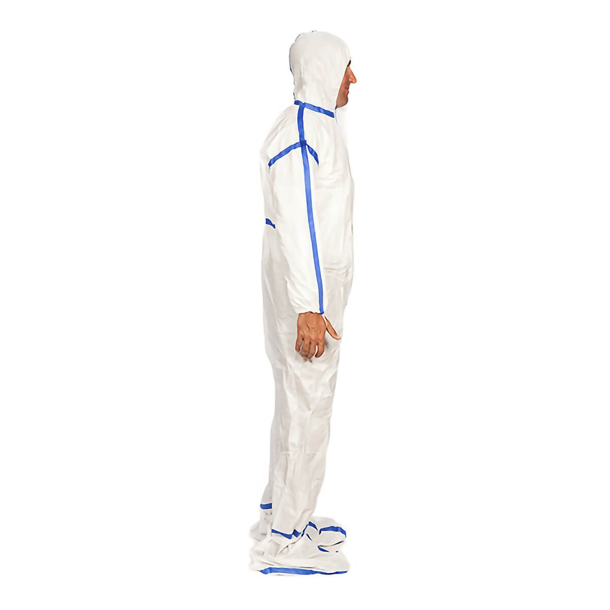 Side profile view of a chemo-rated white poly coverall with attached hood and integrated boots, featuring blue sealed seam tape for fluid protection.