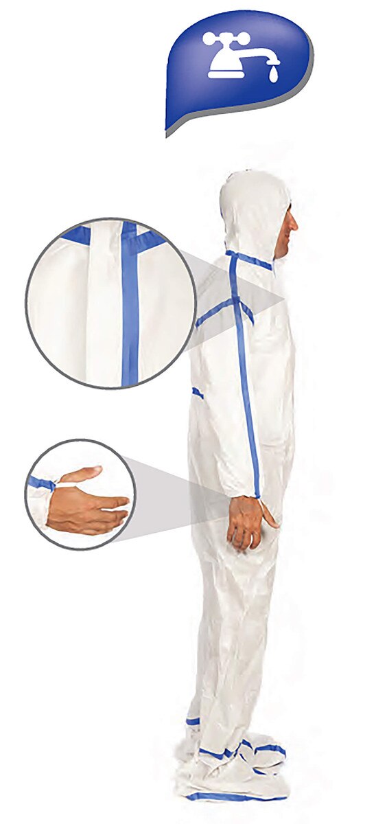 Side view of the chemo-rated poly coverall with graphic callouts highlighting sealed seams and fluid-resistant construction.
