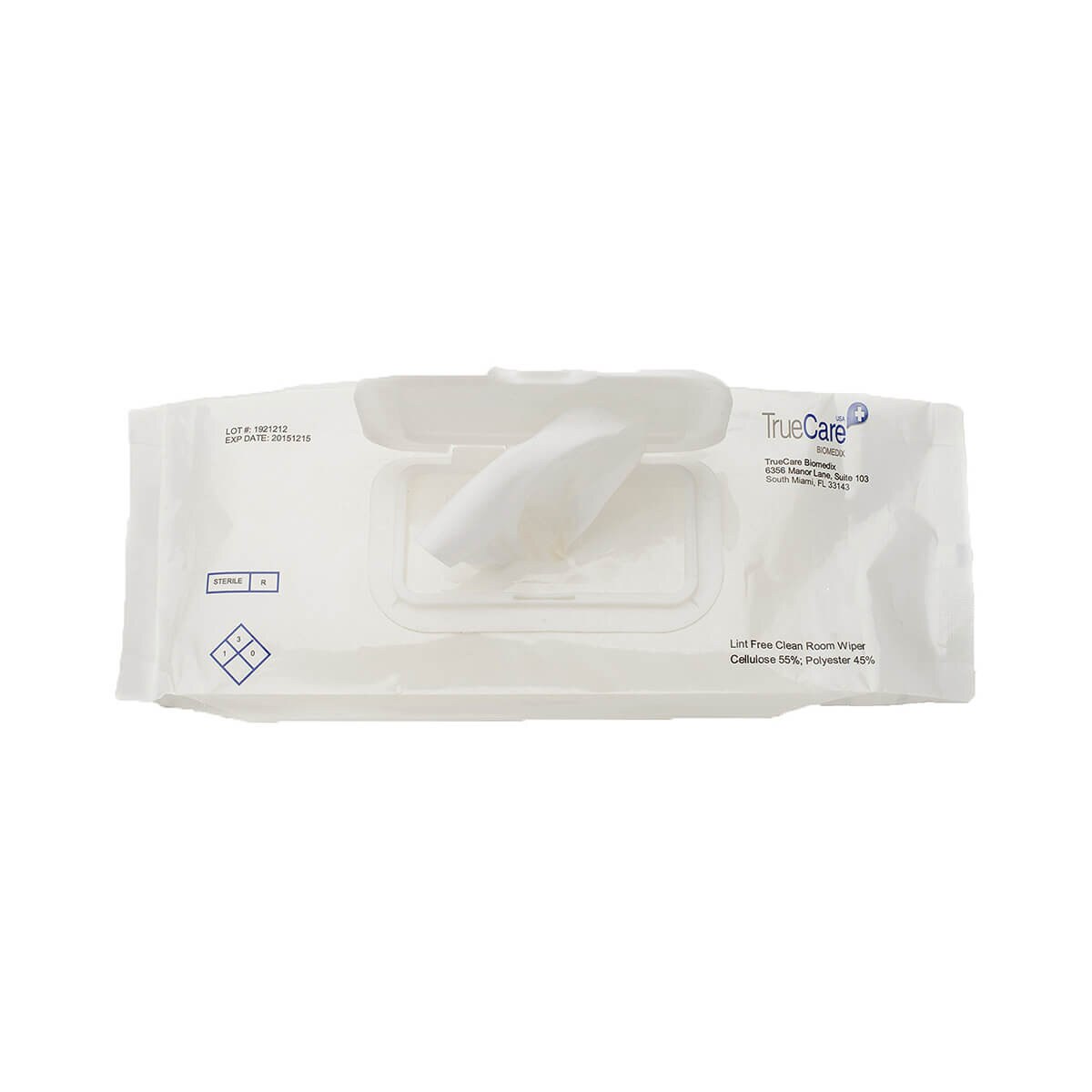 Opened 9x9 sterile 70% IPA blend wipes pack with one wipe dispensed through flip-top opening.