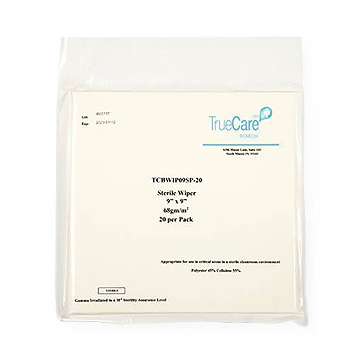 Front view of TrueCare 9” x 9” sterile wiper pack showing 20-count labeling, product details printed in black text, and blue TrueCare branding on white sealed packaging