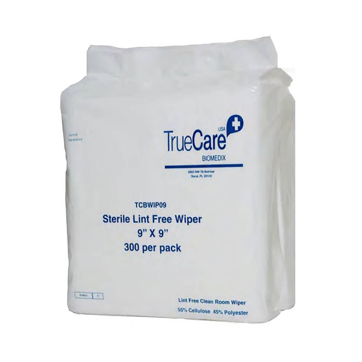 Front angled view of TrueCare sterile lint-free wiper pack showing 9” x 9” size, 300-count labeling, and blue TrueCare branding printed on white sealed packaging