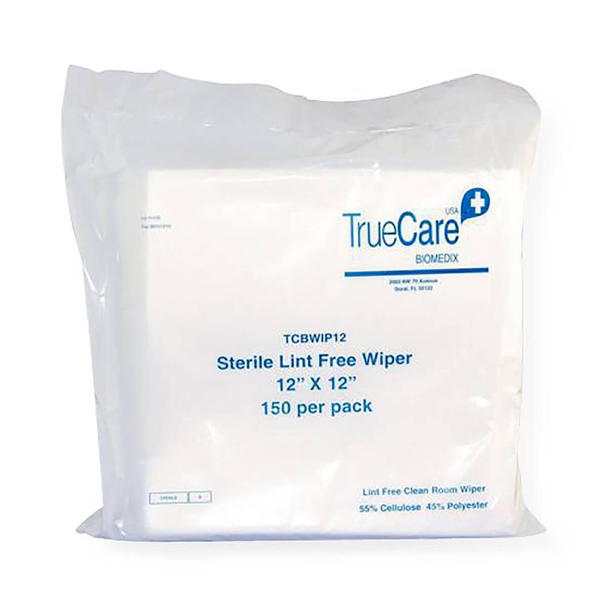Front view of TrueCare sterile lint-free wiper pack showing 12” x 12” wipe size, 150-count labeling, and blue TrueCare branding printed on white sealed packaging