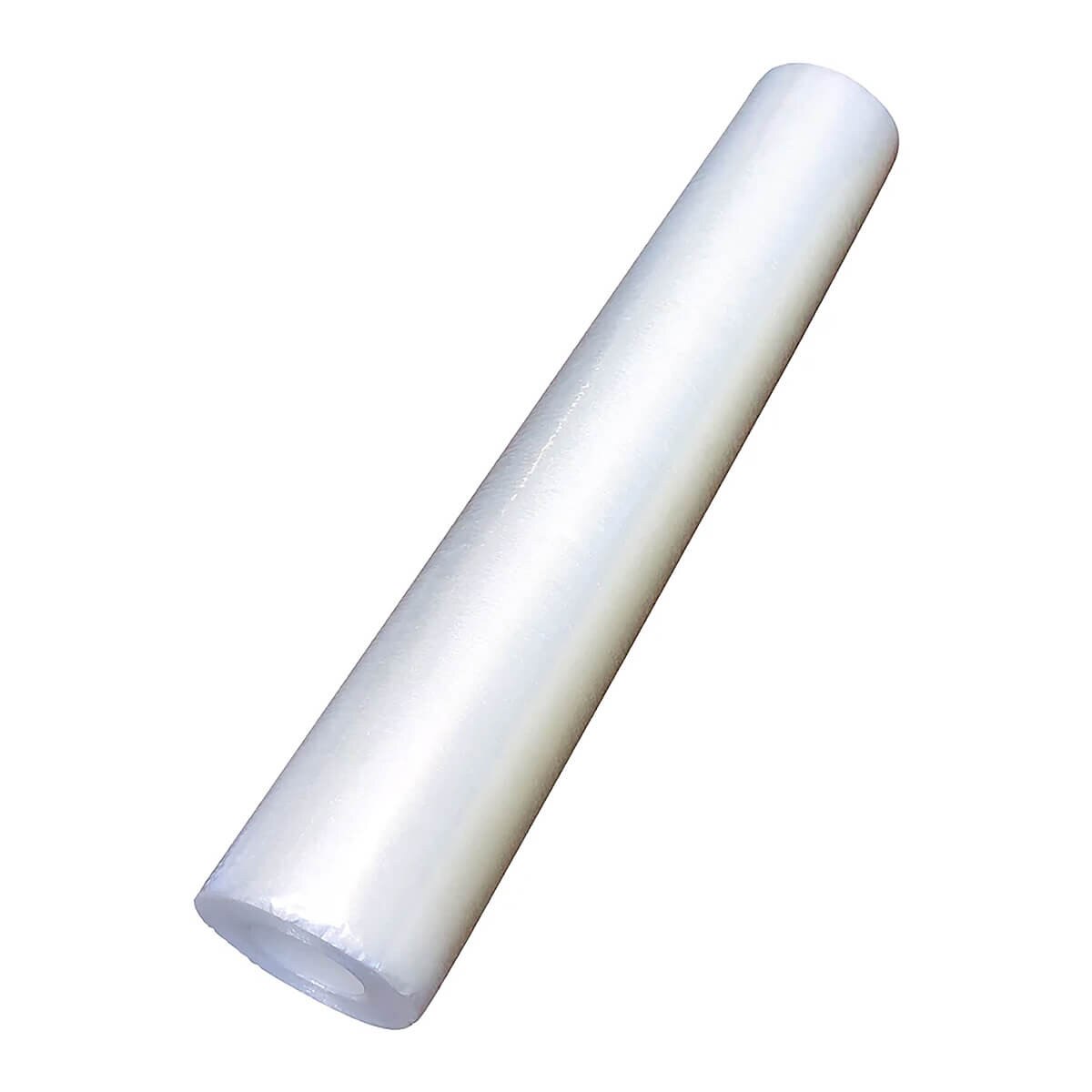 Close-up view of an 18" white foam tacky roller refill, shown as a smooth cylindrical roll designed for textured surface cleaning.