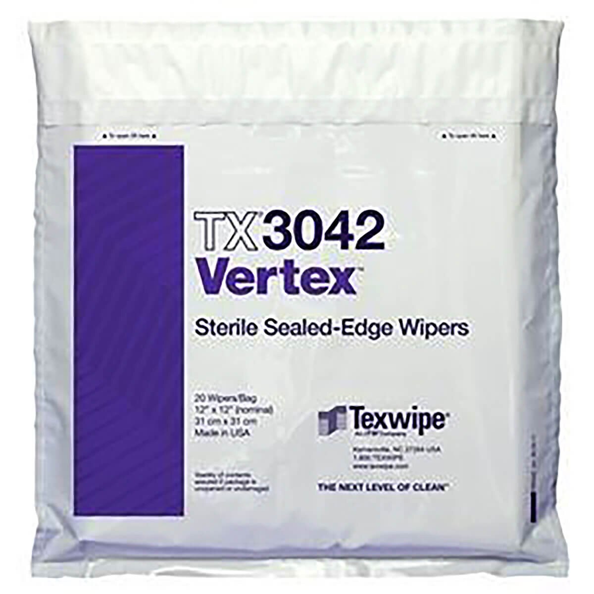Front-facing package of Vertex sterile sealed-edge wipes showing TX3042 label, purple product panel, and wipe size 12 x 12 displayed on sealed white sterile packaging
