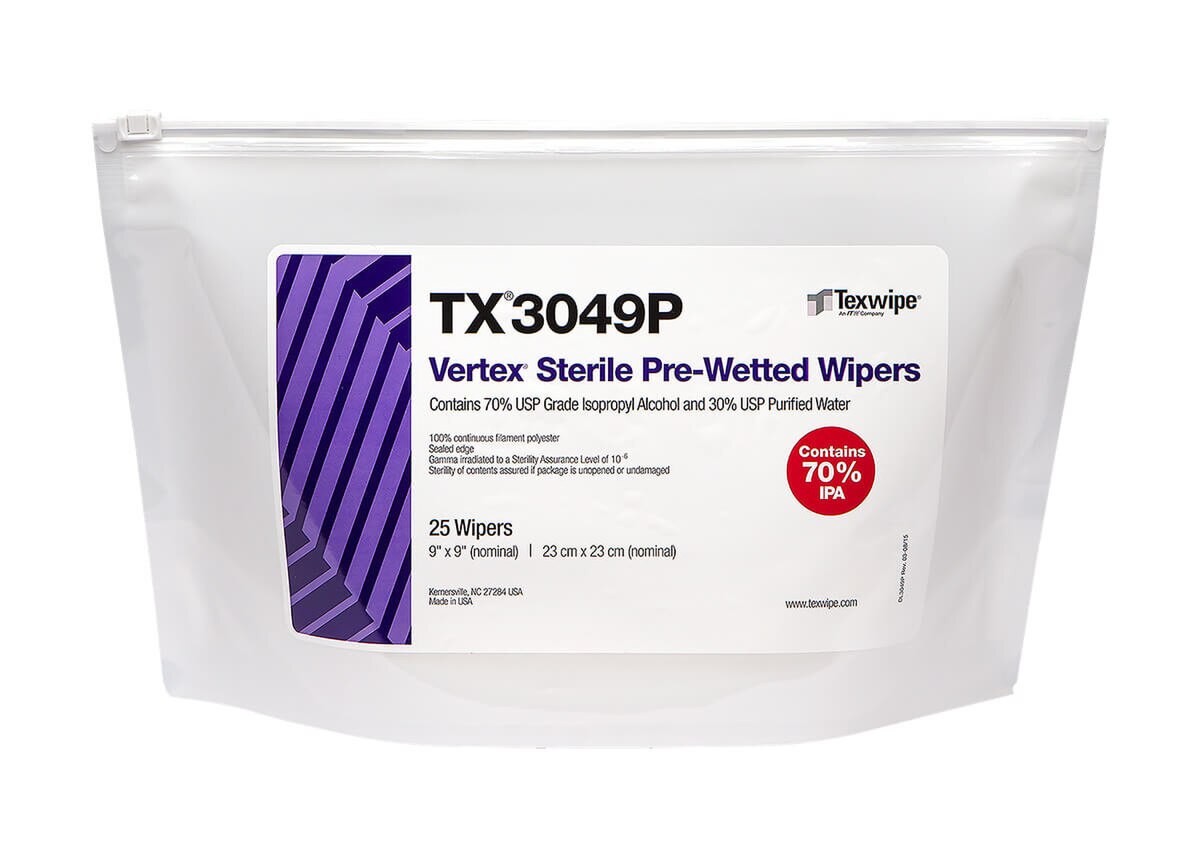 Bagged Vertex TX3049P sterile 9x9 polyester wipes pre-wetted with 70% USP-grade isopropyl alcohol, sealed pouch with product label visible.