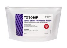 Bagged Vertex TX3049P sterile 9x9 polyester wipes pre-wetted with 70% USP-grade isopropyl alcohol, sealed pouch with product label visible.