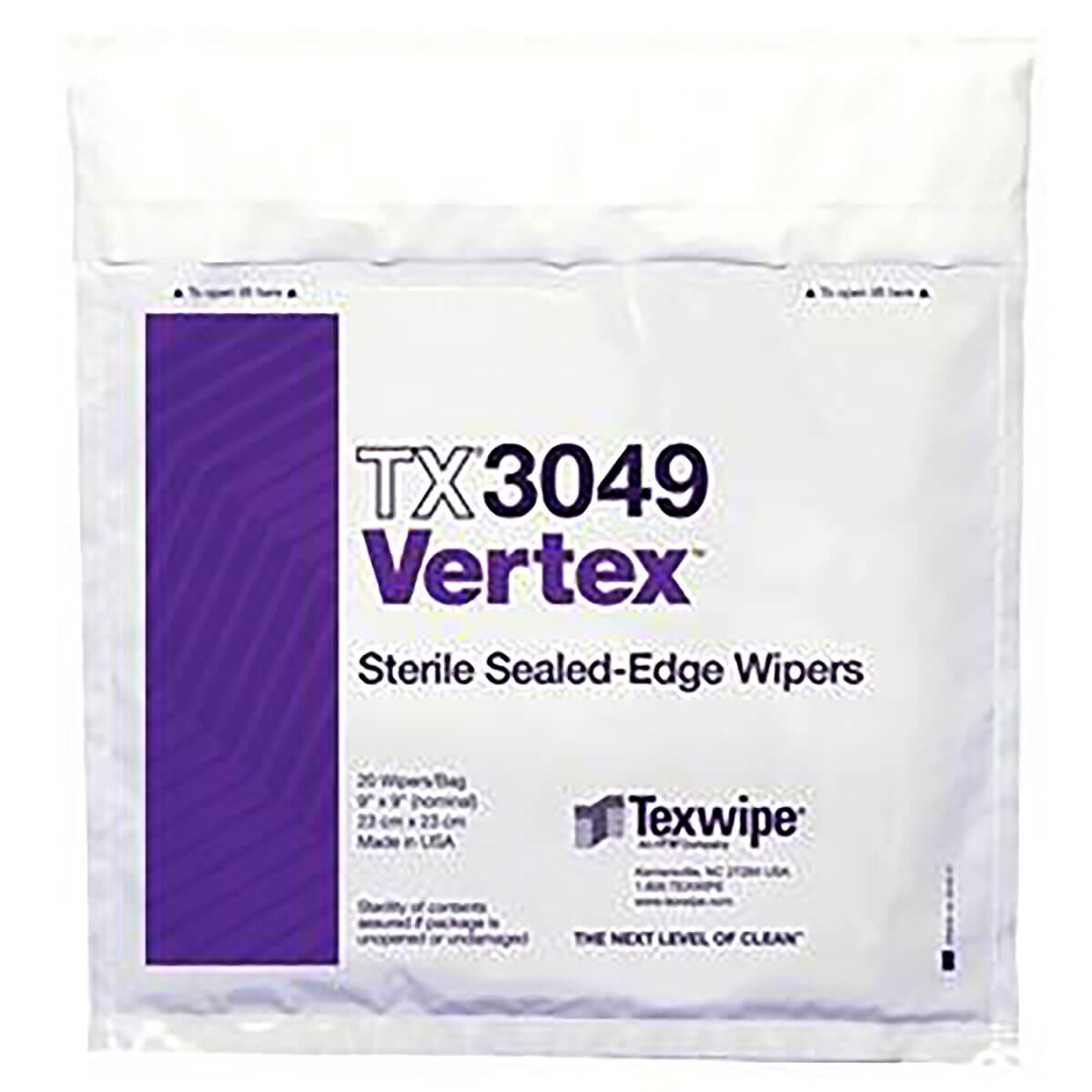 Front-facing package of Vertex sterile sealed-edge wipes showing TX3049 label, purple product panel, and wipe size 9 x 9 displayed on sealed white sterile packaging