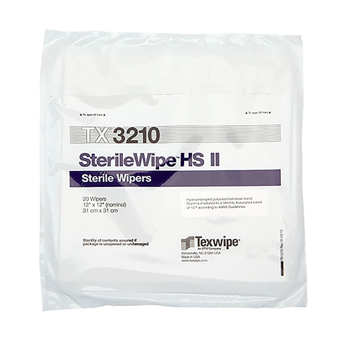 Front-facing image of TX3210 SterileWipe HS II sterile dry blend wipes showing purple product banner, wipe size 12 x 12, and sterile labeling on sealed white packaging