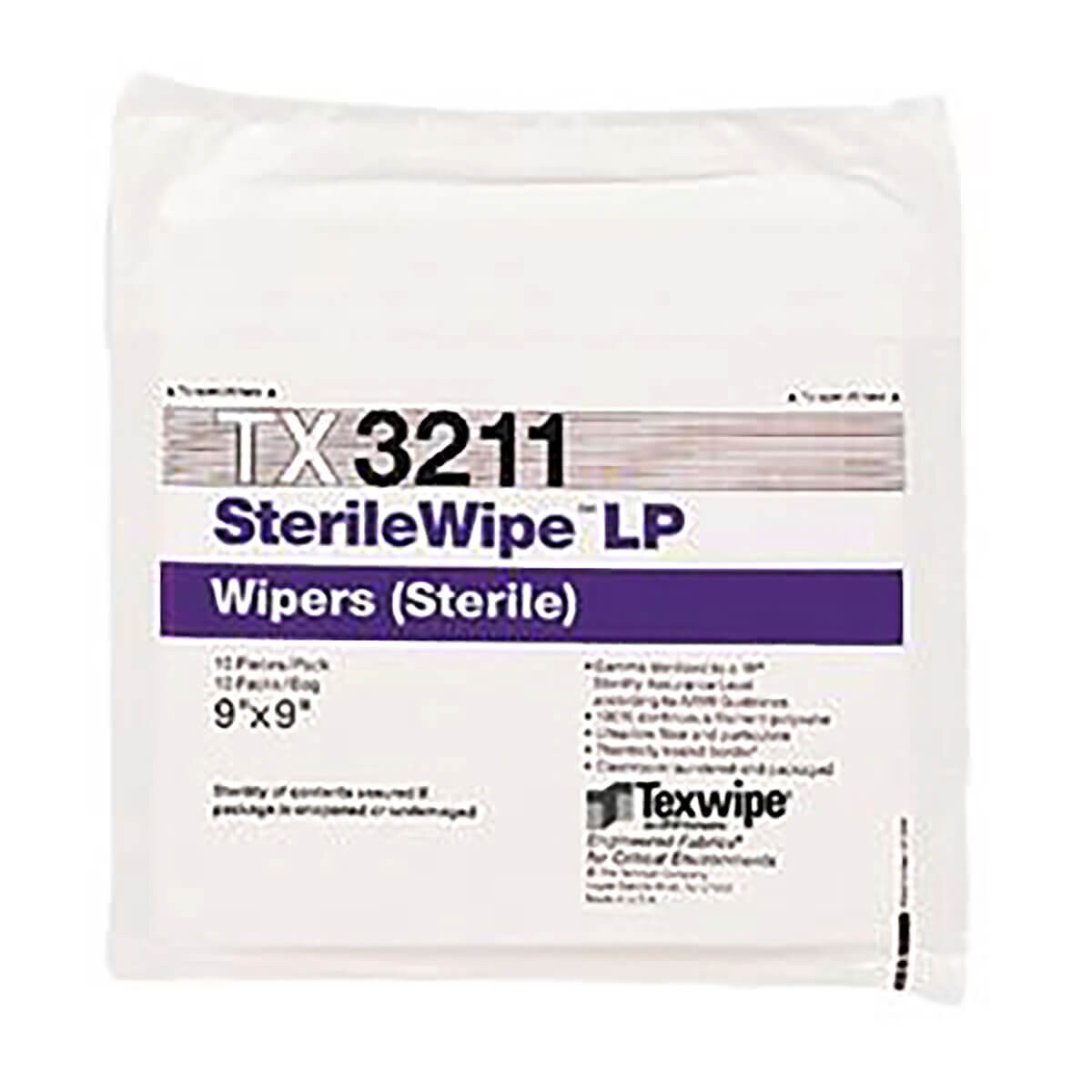 Front view of TX3211 SterileWipe LP sterile dry poly wipes showing purple product band, wipe size 9 x 9, and sterile labeling on fully sealed white packaging
