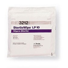 Front view of TX3212 SterileWipe LP10 sterile dry poly wipes showing purple product band, wipe size 12 x 12, and sterile labeling on sealed package