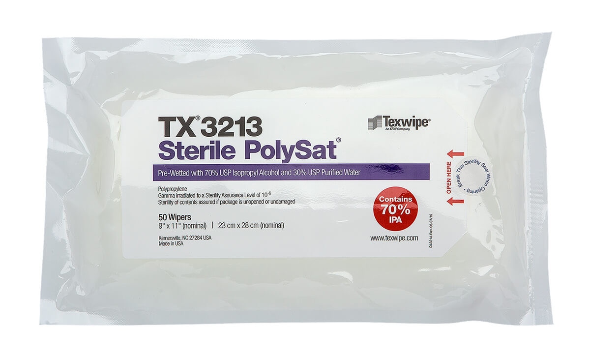 Sterile PolySat TX3213 pre-wetted 9x11 polypropylene wipes in sealed pouch, labeled with 70% USP isopropyl alcohol and 30% purified water.