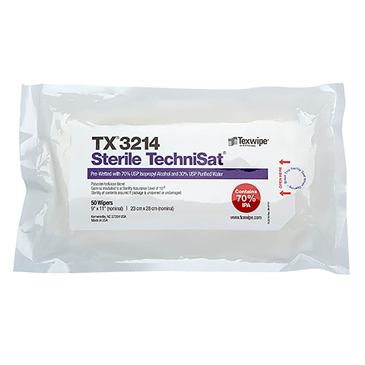 Sterile TechniSat TX3214 pre-wetted 9x11 polyester-cellulose blend wipes packaged in sealed pouch, labeled with 70% USP isopropyl alcohol and 30% purified water.