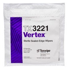 Front view of TX3221 Vertex sterile sealed-edge wipes showing purple geometric panel on left side and product size 11 x 11 listed on packaging