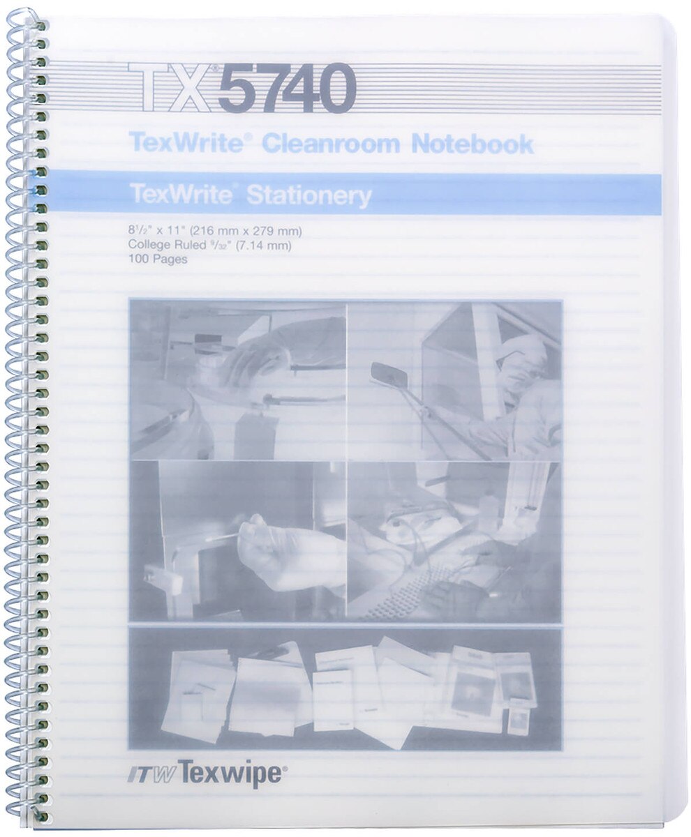 Front cover of white Texwipe TexWrite 22 cleanroom spiral notebook with plastic binding, 100 college-ruled pages, 8.5 × 11 inches, SKU TX5740