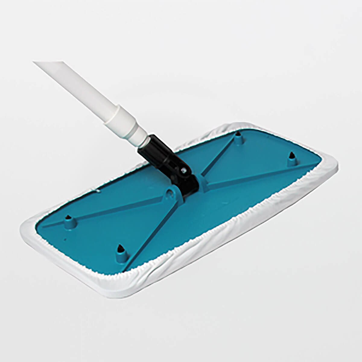 Underside view of an AlphaMop replacement mop head showing teal plastic base with attachment posts and a fitted white mop cover around the edges.