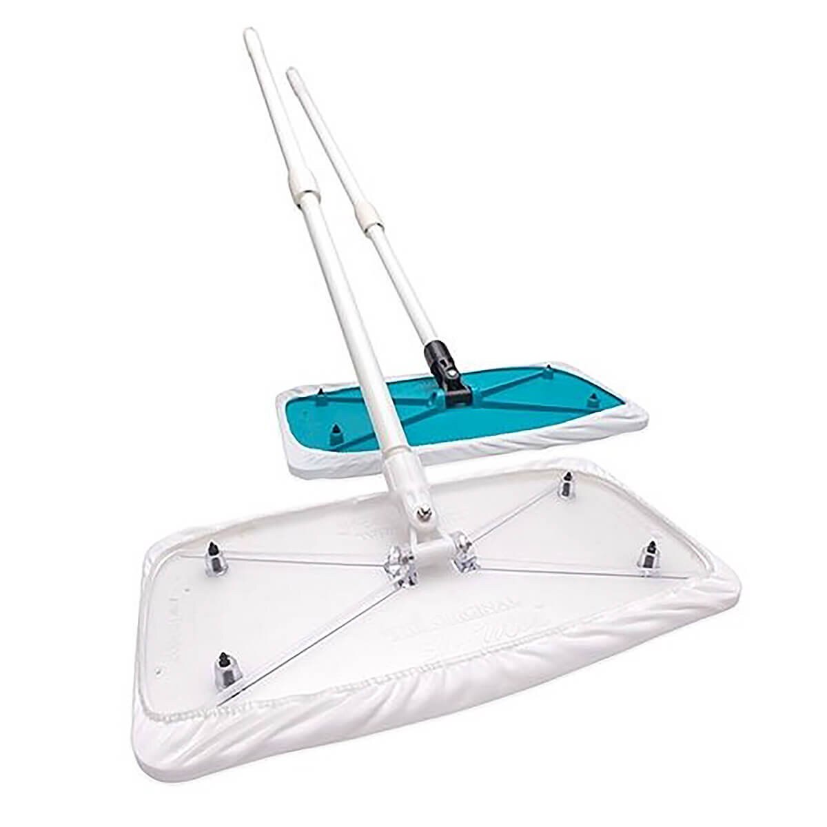 AlphaMop kit with two white-handled mops, showing teal and white rectangular mop heads.