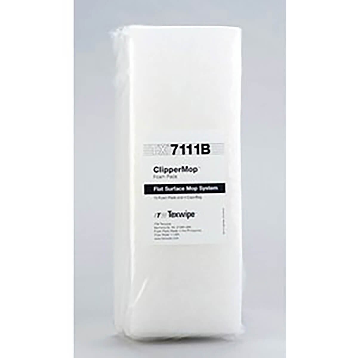 Front view of Texwipe TX7111B ClipperMop poly foam pad shown in its sealed packaging with product label visible on white wrapper.