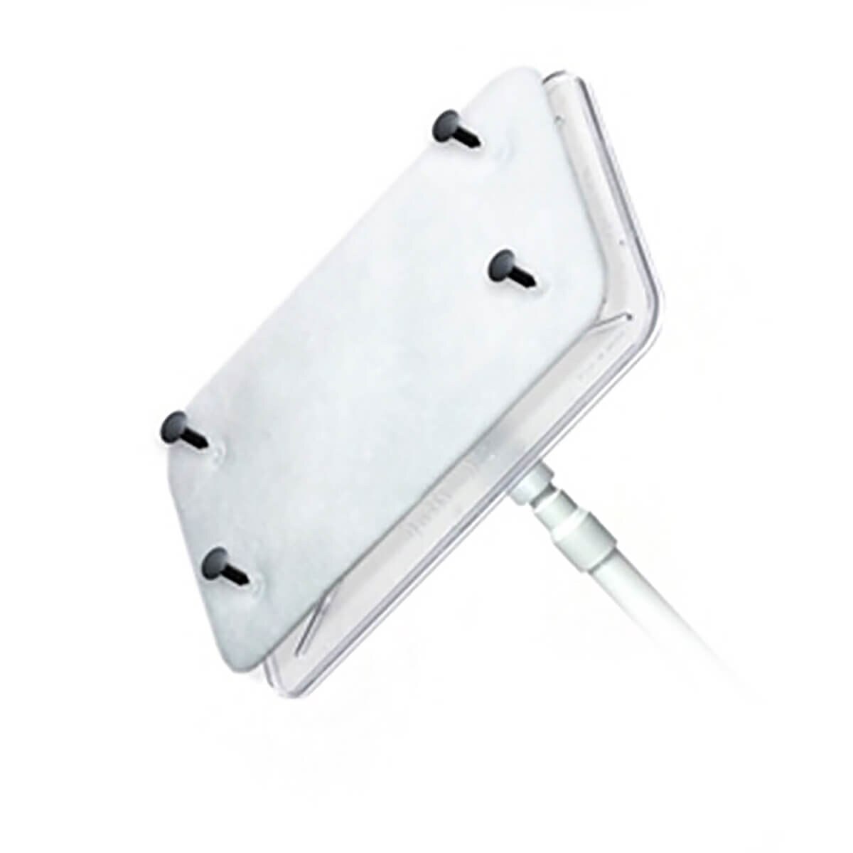 Mop head with white polyester replacement pad attached using black fasteners on rectangular plate