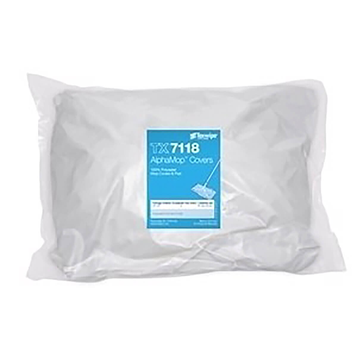 Front view of sealed AlphaMop TX7118 replacement kit with blue label, showing packaged polyester mop covers and pad inside clear sterile-style bag.