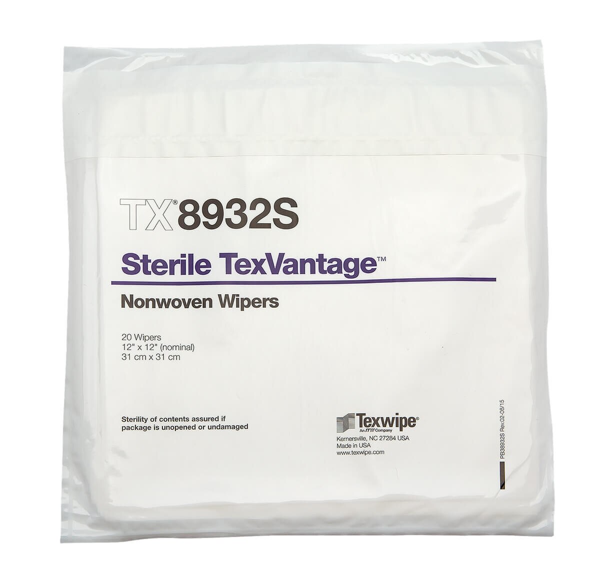 Flat packaged bundle of sterile TexVantage TX8932S dry wipes sealed in white outer wrap with purple product marking, showing wipe count and 12 x 12 size displayed on label