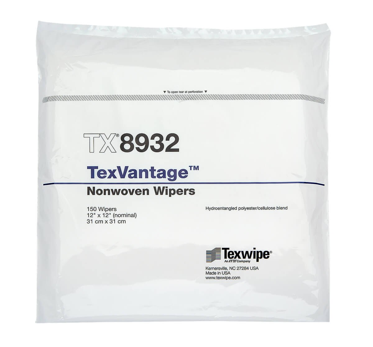 Packaged bundle of TexVantage TX8932 nonwoven dry wipes, sealed in white wrap with blue product label, showing 12 x 12 size and 150 wipe count on front label