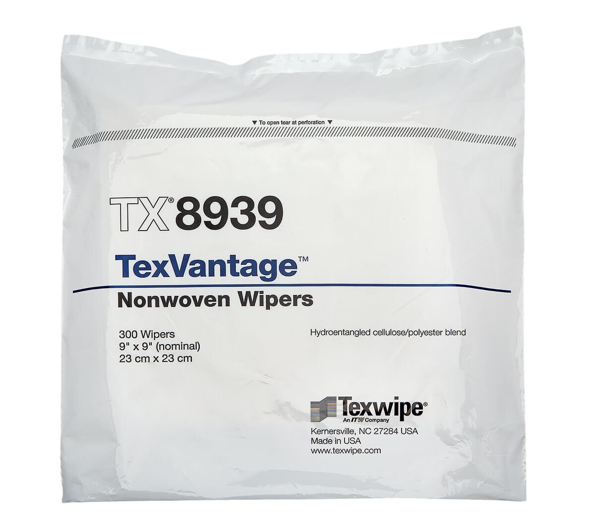Flat packaged bundle of TexVantage TX8939 dry wipes sealed in white wrapper with product label printed in blue and black text showing quantity and wipe size