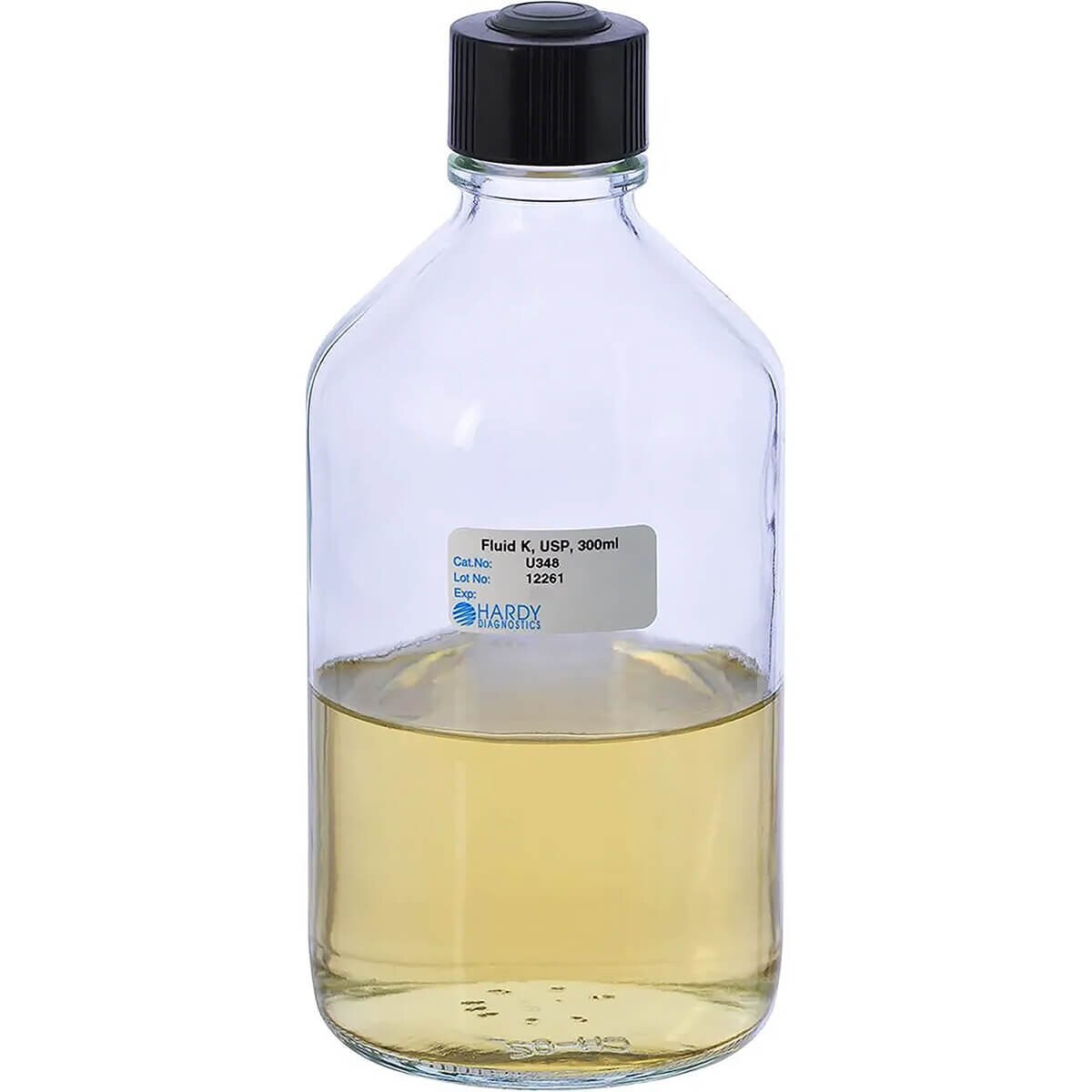 Hardy Diagnostics U348 Fluid K USP rinsing and diluting fluid, 300 mL fill in a glass bottle with needle-port septum screw cap