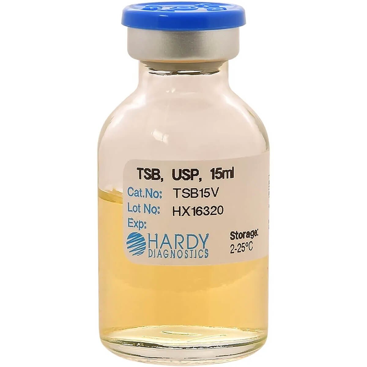 Hardy Diagnostics HardyVal USP Tryptic Soy Broth, 15 mL fill in a glass serum vial with blue needle-port septum