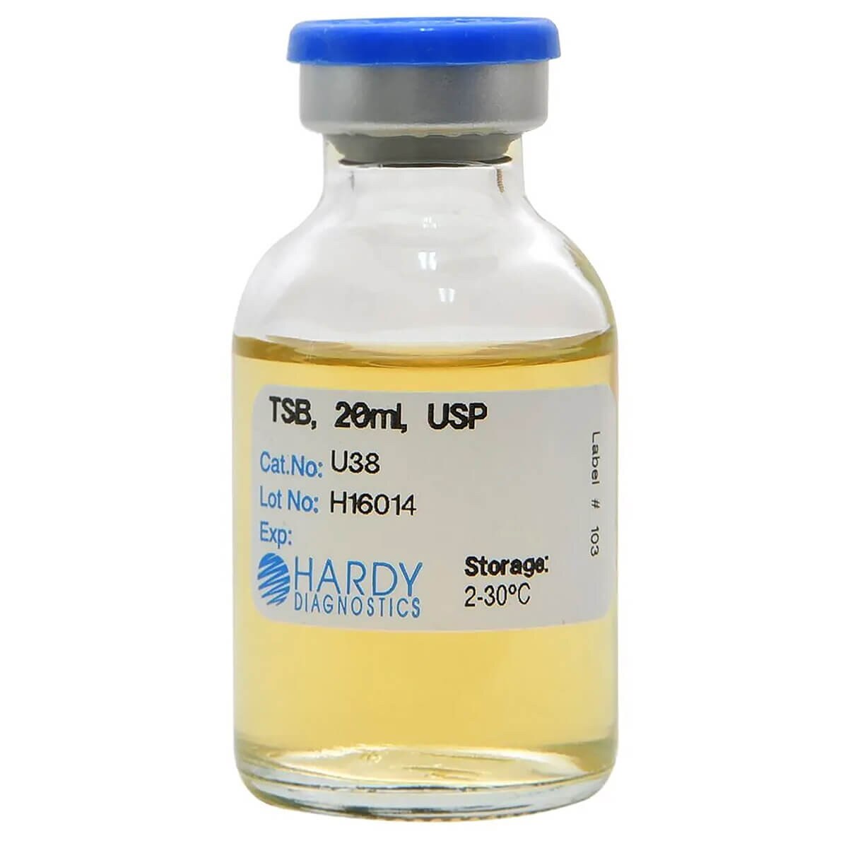 Hardy Diagnostics U38 Tryptic Soy Broth in a clear 20 mL glass serum vial with yellow needle-port septum