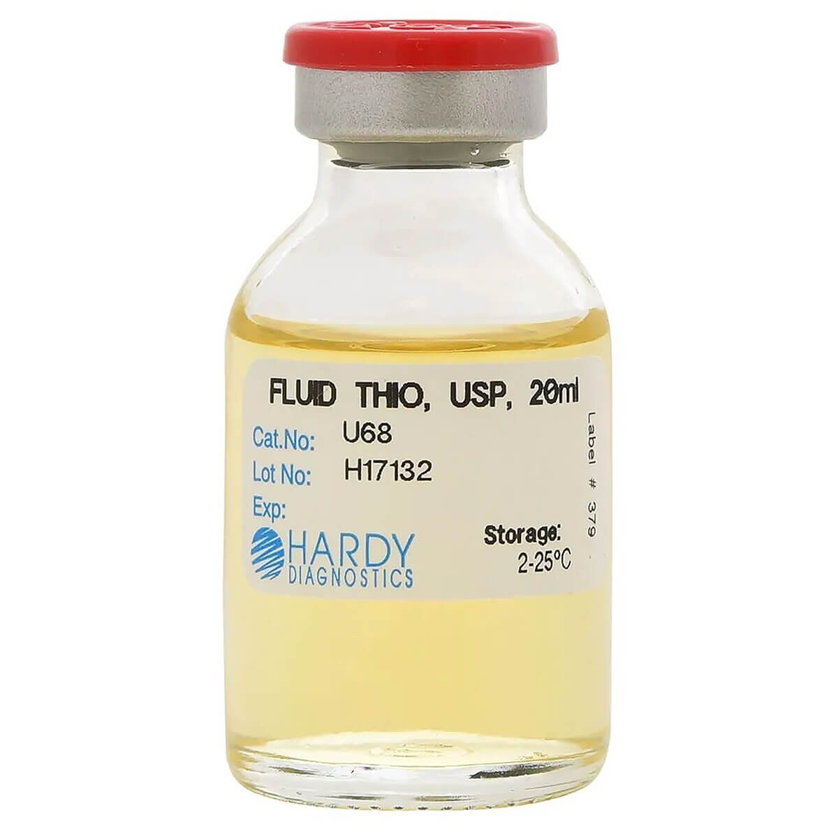 Hardy Diagnostics Fluid Thioglycollate Medium with indicator, 20 mL sterile USP medium in a glass vial with red needle-port septum