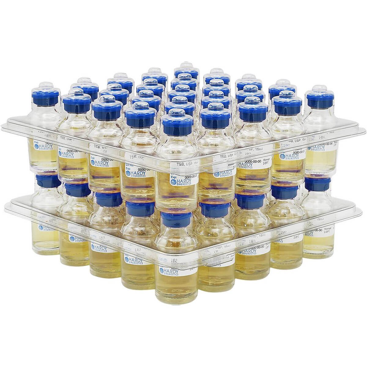 Hardy Diagnostics ReadyRack USP Tryptic Soy Broth, 50 glass vials with 15 mL fill and red needle-port septums in stacked racks