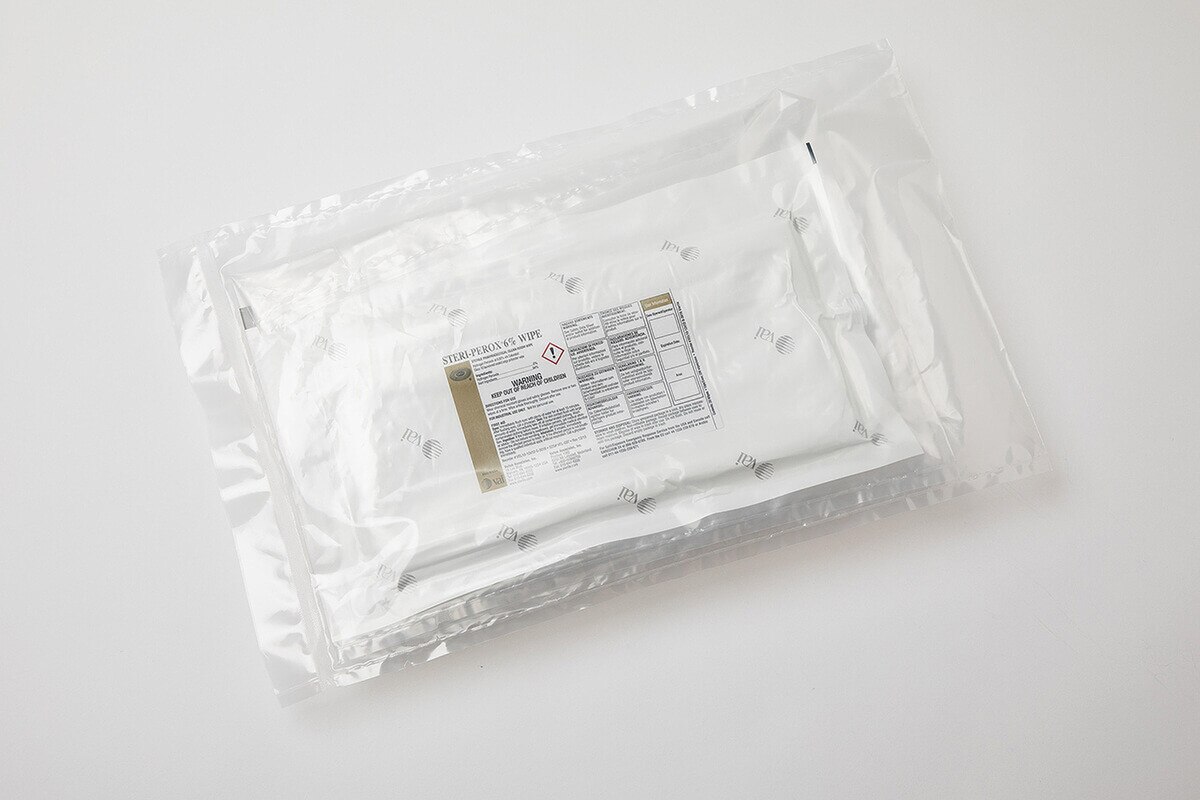 Sterile-packed Steri-Perox 6% hydrogen peroxide wipes, sealed in double poly pouch, labeled for cleanroom and disinfecting use.