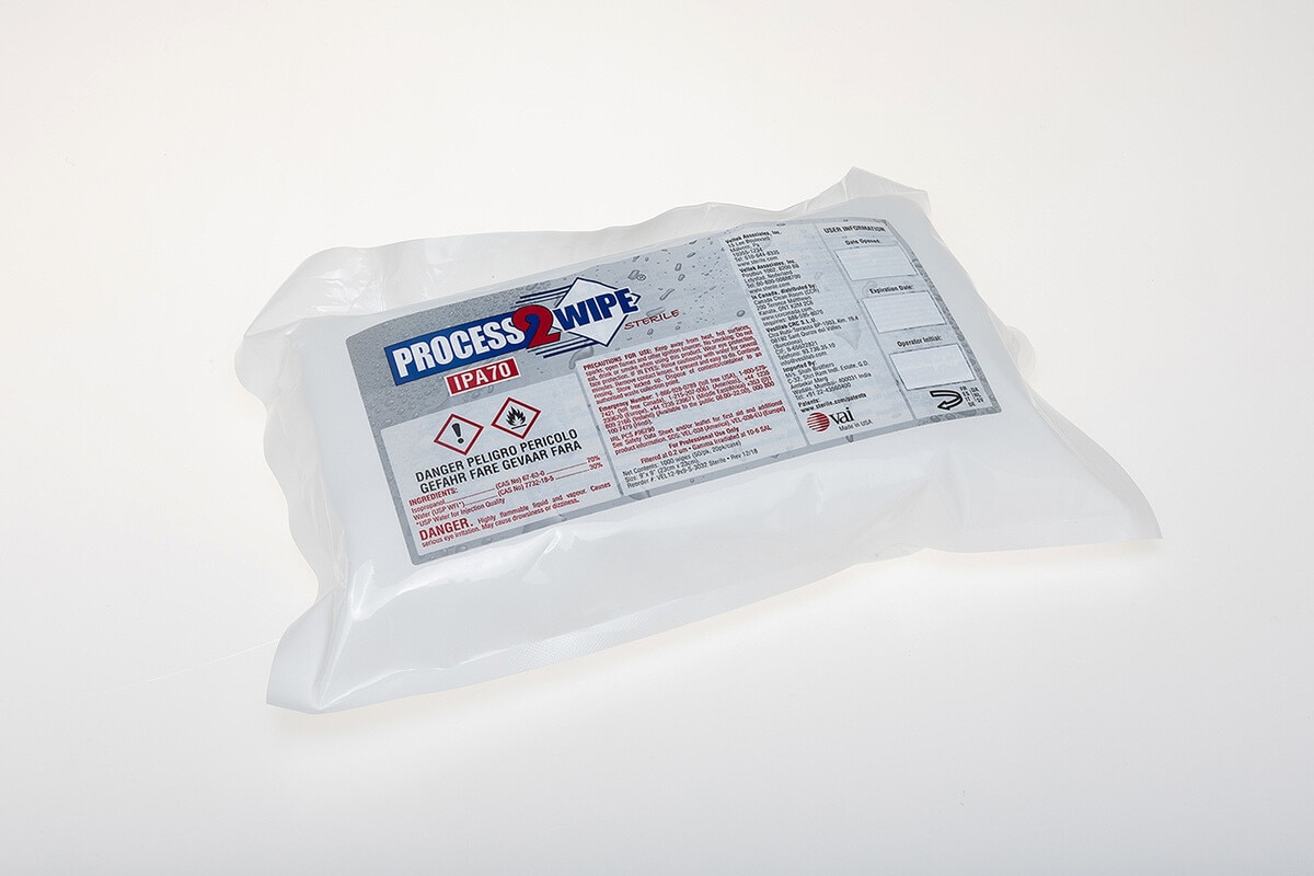 Sterile Process2Wipe IPA70 pre-saturated 9x9 polypropylene wipes in clear sealed bag with visible hazard and ingredient labeling.