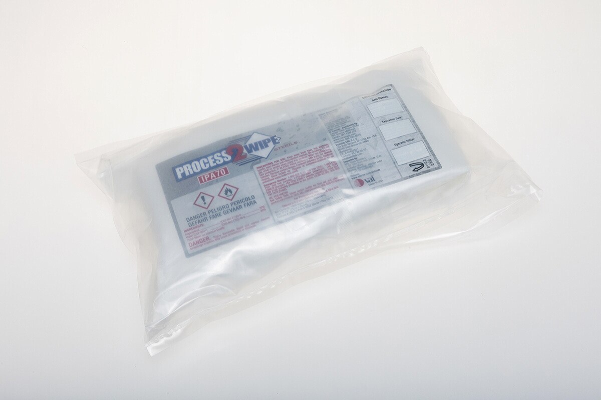 Sterile Process2Wipe 70% isopropyl alcohol wipes pouch showing front label with warning icons and usage details.