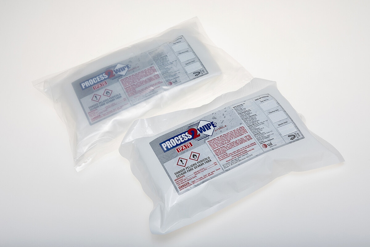 Two packs of Process2Wipe 70% IPA pre-wet wipes in sealed cleanroom packaging displayed side-by-side.