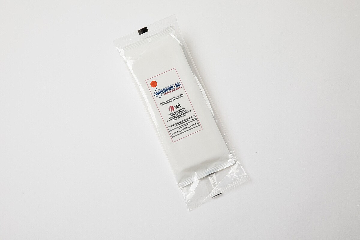 Front view of sealed WipeDown HC wipe pouch with product label inside secondary sterile bag
