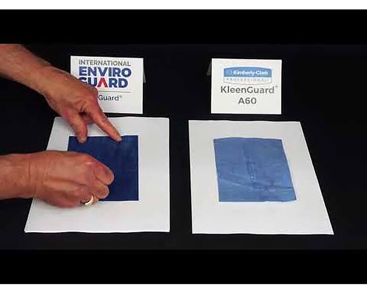 Material comparison of ViroGuard fabric sample compared against a KleenGuard A60 sample