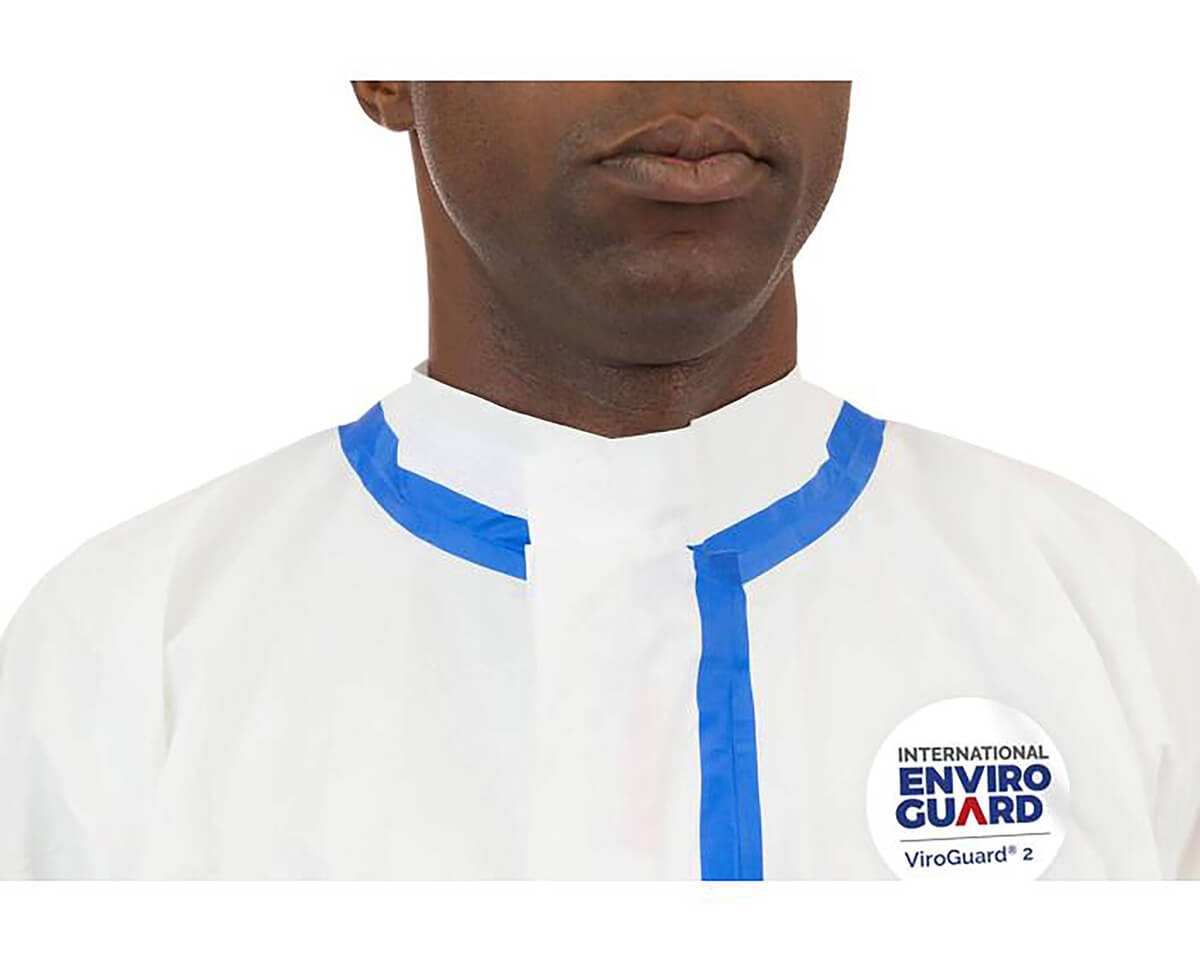 Close-up of the upper chest and collar area of the ViroGuard 2 coverall