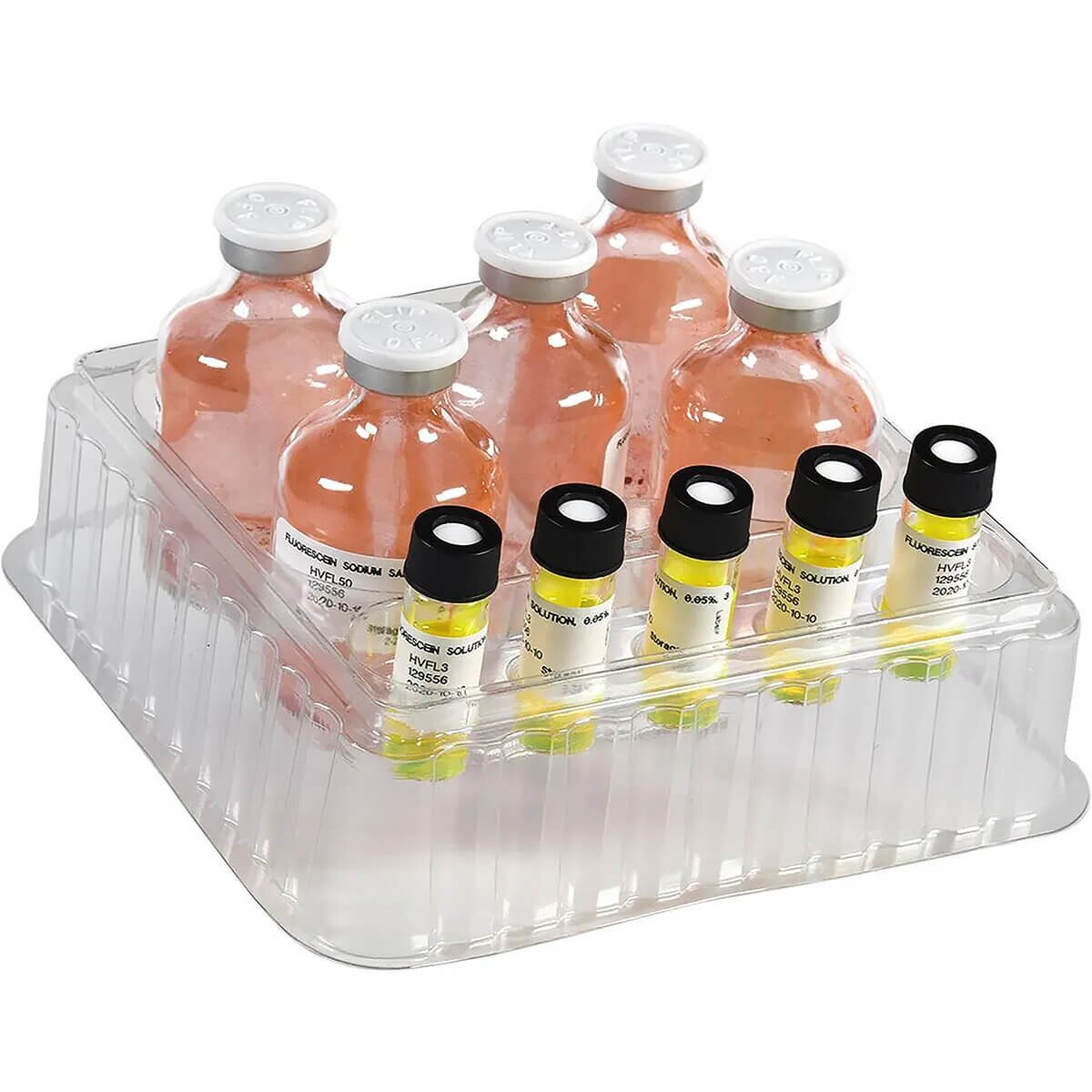 HardyVal HazDetect HVHAZ kit components in a clear tray with five 50 mg powder vials and five 3 mL solution tubes